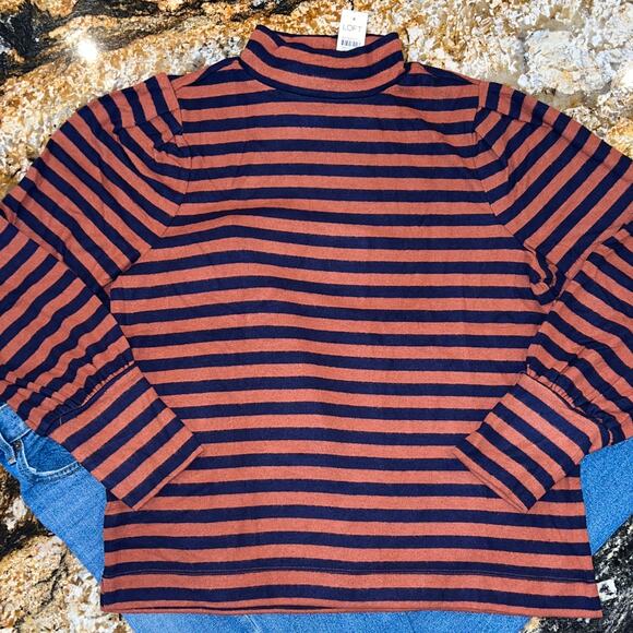 NWT Loft Rust/Brown & Navy Striped Soft Knit Mock Neck Top - Picture 3 of 7